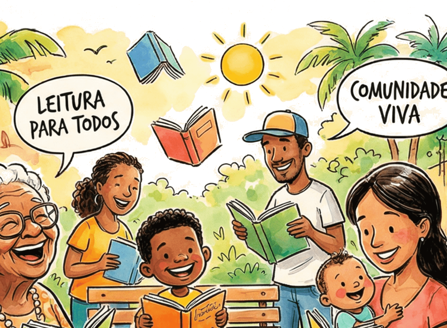 Ilustração: pessoas lendo em comunidade — inspiração visual RELer 2026